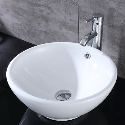 wonline 15.75" Round Bathroom Porcelain Ceramic Vessel Sink Vanity Bowl With Faucet Popup Drain