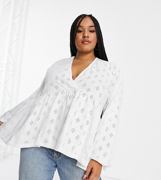 ASOS Curve ASOS DESIGN Curve broderie smock with blouson long sleeve and tie back