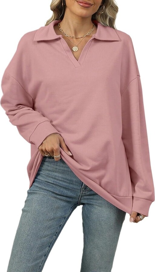 YFFLGC Solid Color Long Sleeve Sweatshirt Drop Shoulder Womens Fashion Casual Sweatshirt Pink