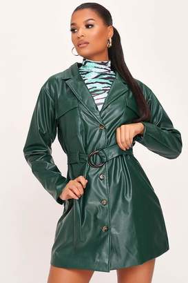 I SAW IT FIRST Green Faux Leather Belted Utility Shirt Dress