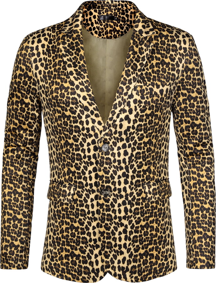 Unique Bargains Men’s Leopard Animal Print Notched Lapel Slim Fit Blazer XL Yellow Black