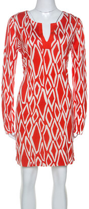 DVF Diane Von Furstenberg REINA Long Slev Silk Tunic Dress Ikat Stamp Coral $348 