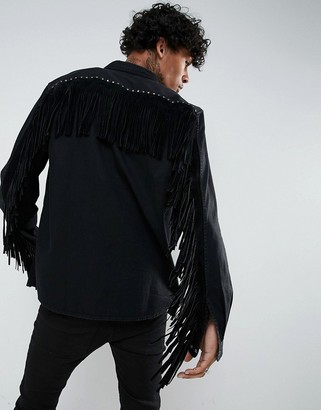 ASOS Festival Overshirt In Denim With Studding And Fringing