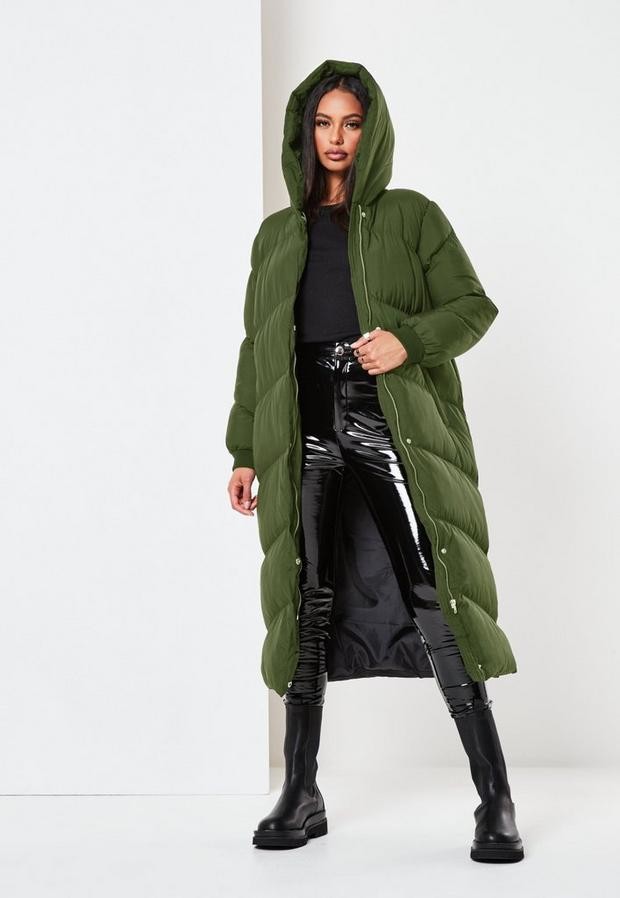 khaki long puffa coat