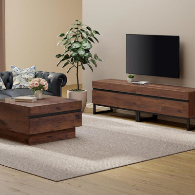 Latitude Run Nellie Modern TV Stand And Coffee Table Set 2-Piece Storage Entertainment Center For Tvs Up To 75 Inches Square Coffee Table With Tempered Glass And