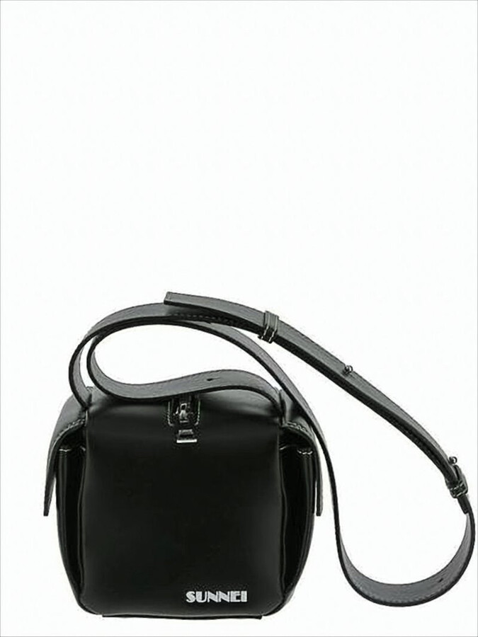 Sunnei Structured Black Leather Crossbody Bag