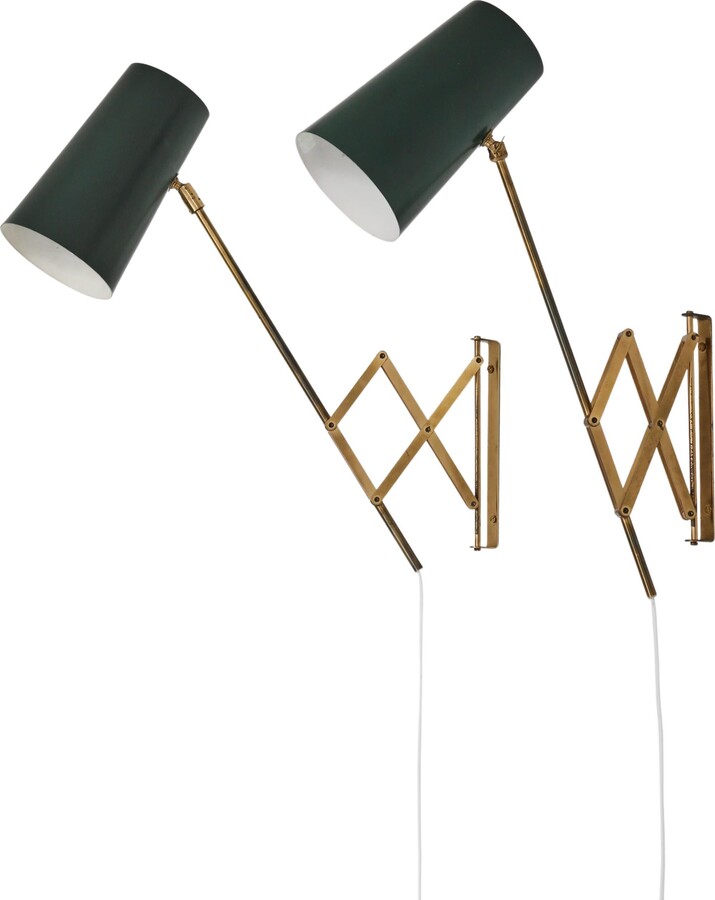 Th. Valentiner Scandinavian Modern Brass Wall Lamps W. Green Shades By T.h. Valentiner, 1960s