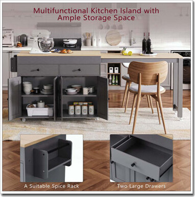 Kitchen Island with Extendable Dining Table,Spice Rack and 2 Drawers, Kitchen Storage Cart with 4 Door Cabinet