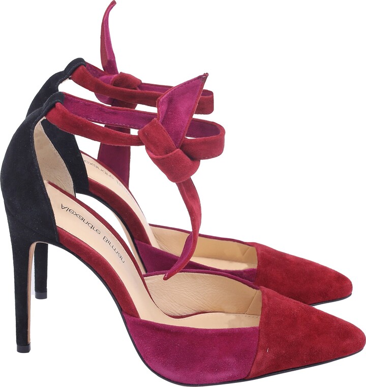 Alexandre Birman Ankle Tie-Strap Pointed Pumps in Burgundy Suede
