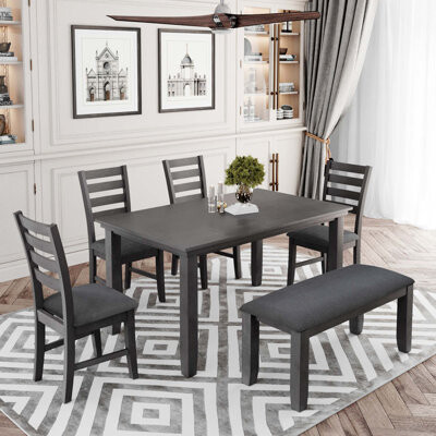 Gracie Oaks Dining Room Table And Chairs With Bench, Rustic Wood Dining Set, Set Of 6