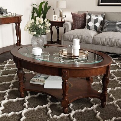 Major-Q 57 L Traditional Style Vintage High End Luxurious Scalloped Wooden Top Antique Oak Finish Living Room Coffee Table,