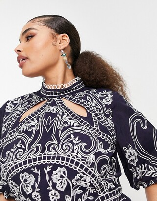 ASOS Curve DESIGN Curve embroidered structured mini dress with high neck