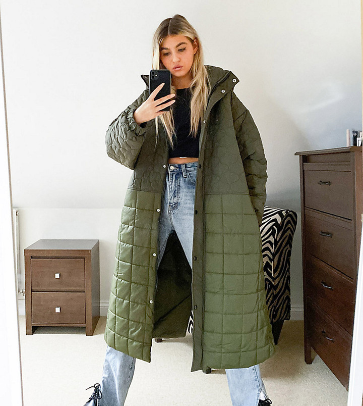 Collusion mix quilted maxi puffer jacket in green - ShopStyle