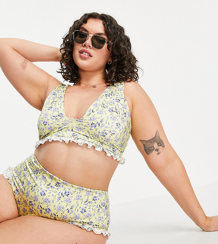 ASOS Curve ASOS DESIGN Curve frill high waist bikini bottom in mixed floral  print - ShopStyle Two Piece Swimsuits
