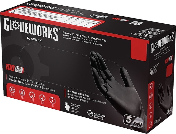 GloveWorks GPNB Nitrile Industrial Grade Gloves, Medium, Black, 100/Box (GPNB44100)