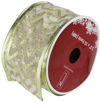 Northlight Pack of 12 Sparkling Green Chevron Print Wired Christmas Craft Ribbon Spools - 2.5" x 120 Yards Total