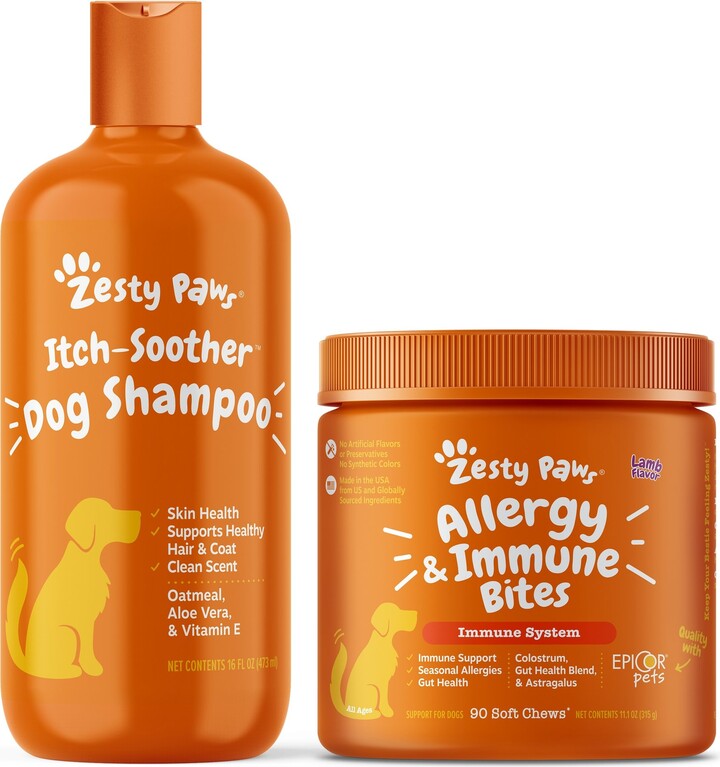 Zesty Paws Allergy & Immune Support Lamb Flavor Soft Chew Dog Supplement, 90 count + Zesty Paws Oatmeal Anti-Itch Dog Shampoo with Aloe Vera & Vitamin E, 16-oz bottle