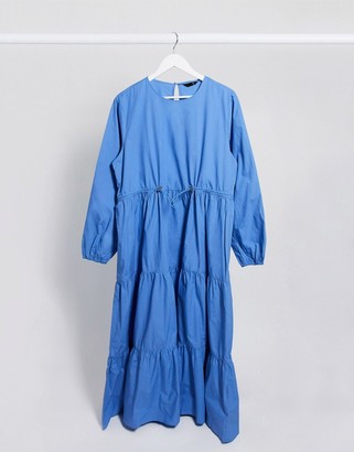 Monki Florentina organic cotton poplin trapeze maxi dress with drawstring in blue