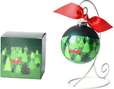 Coton Colors Truck on a Tree Farm Glass Ornament with White Swirl Stand Set