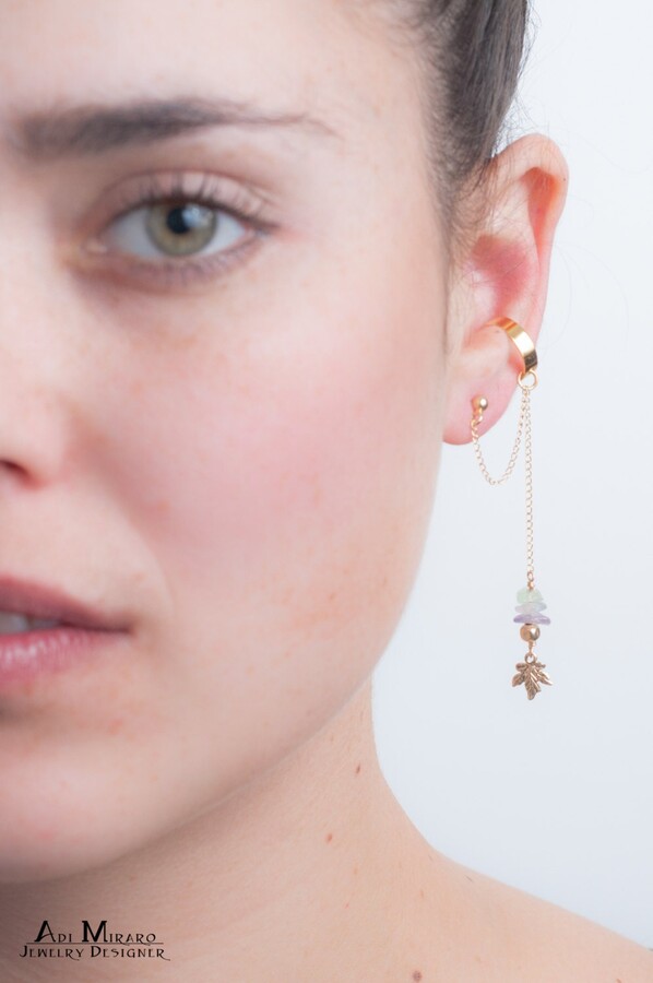 Etsy Gold Ear Cuff With Link Chain, Maple Leaf Pendant & Fluorite Gemstone & Gold Filled Beads, Dainty Minimal Ear Earring