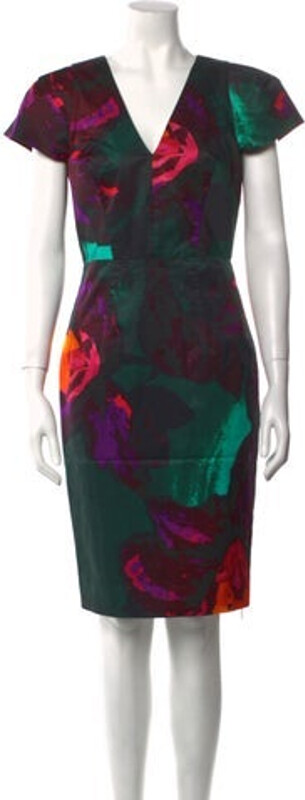 Milly Sheath Dress Green Printed Pleated Accents Short Sleeve with V-Neck Concealed Zip Closure at Back Designer