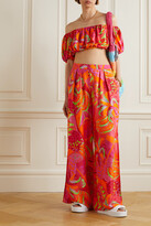 Thumbnail for your product : Farm Rio Off-the-shoulder Cropped Gathered Printed Satin Top - Orange