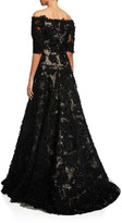 Thumbnail for your product : Rickie Freeman For Teri Jon Premier Off-the-Shoulder Elbow-Sleeve Metallic Textured A-Line Gown