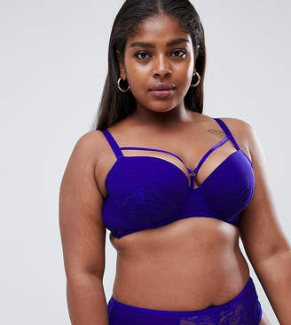 New Look Plus Curve lace and strapping push up bra in violet