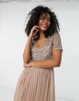 Thumbnail for your product : Maya Tall Bridesmaid v neck maxi tulle dress with tonal delicate sequins in taupe blush