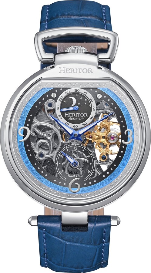 Heritor Automatic Lincoln Leather-Band Skeleton Watch with Moon Phase