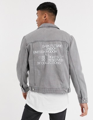 ASOS Dark Future regular denim jacket with back print in grey