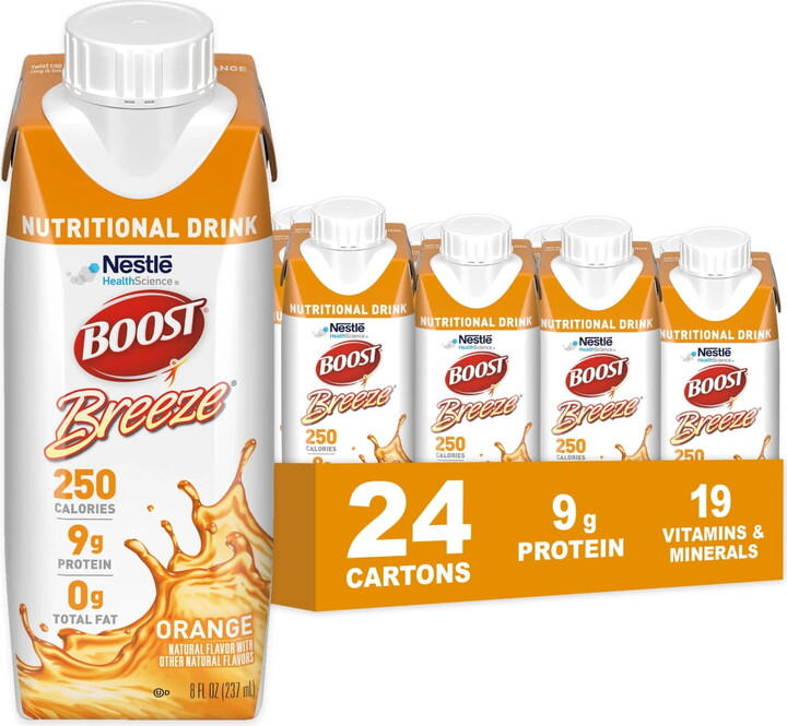 BOOST Breeze Clear Nutritional Drink, 9g Protein, 250 Nutrient-Rich Calories, Orange, 8 fl oz (Pack of 24)
