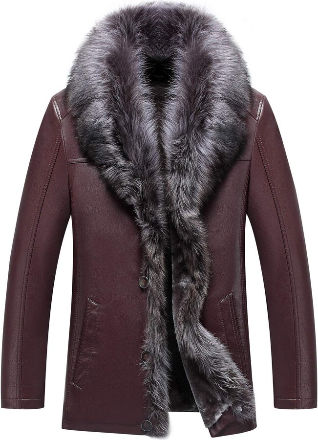WS668 Mens Winter Leather Warm Coats Luxurious Fur Collar Faux Fur Lining Long Jacket Windproof Parka 