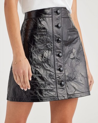 7 For All Mankind Button Front Leather Skirt in Jet Black