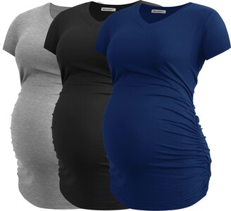 Smallshow Women's V Neck Maternity Clothes Tops Side Ruched Pregnancy T Shirt 3-Pack Army Green-Deep Grey-Wine L