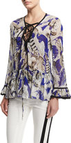 Thumbnail for your product : Roberto Cavalli Feather-Print Lace-Up Tunic Top, Blue/Rosa