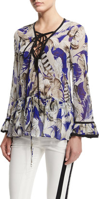 Roberto Cavalli Feather-Print Lace-Up Tunic Top, Blue/Rosa