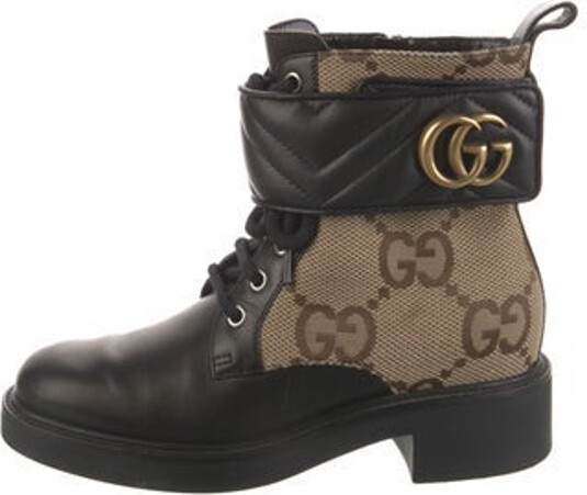 Gucci Leather Ankle Combat Boots Brown GG Canvas & Double G Logo Canvas Trim Round-Toes Platform Wrap-Around Straps & Lace-Up Closure at Uppers Includes Dust Bag