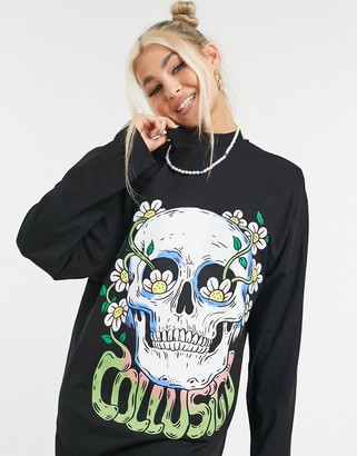 Collusion skull print long sleeve t-shirt dress - ShopStyle