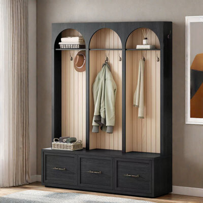 Farmhouse Wooden Style Hall Tree With Arched Design, Bench, 8 Retro Hooks, And 3 Drawers