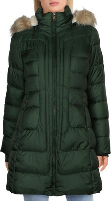 Larry Levine Women's 3/4 Length Puffer W/Curved Quilting & Detachable Faux-Fur Trimmed Hood