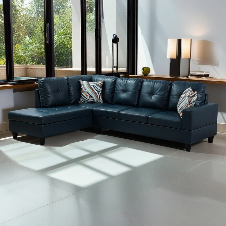 Hommoo 4-Seat Semi Semi PU Synthetic Leather Sectional Sofa Sets, L Shaped Sectional Couches and Sofas, Modern Living Room Furniture Sets, 17.5'' Back Height, Peacock Blue(No Ottoman)