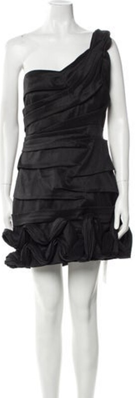 Rachel Gilbert Silk Dress Black & Blue Pleated Accents Sleeveless with One-Shoulder Concealed Zip Closure at Back