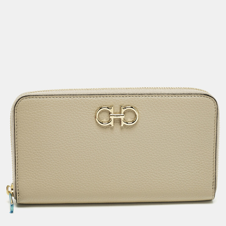 Ferragamo Gancini Zip Beige Leather Continental Wallet