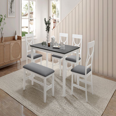 Red Barrel Studio 6-Piece Wood Dining Table Set Kitchen Table Set With Upholstered Bench And 4 Dining Chairs Farmhouse Style