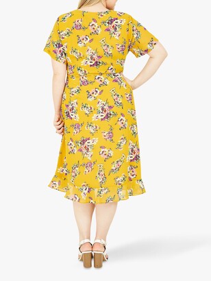 Yumi Curves Floral Print Frill Wrap Midi Dress, Yellow