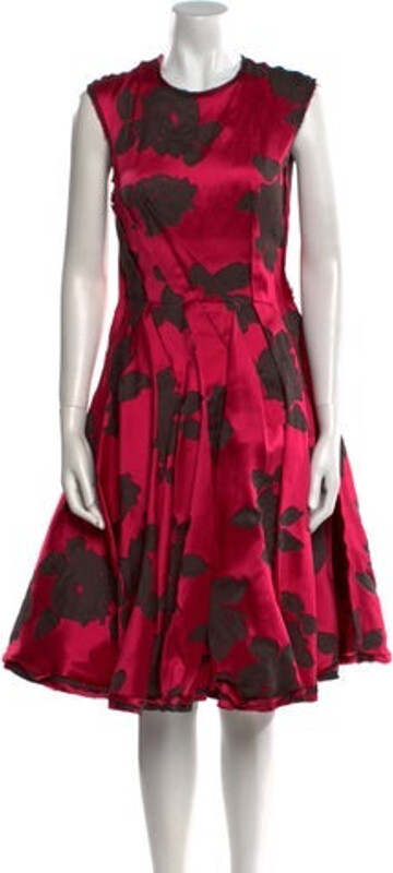 Lanvin A-Line Dress Brown & Pink Floral Print Pleated, Ruffle, Raw-Edge & Grosgrain Accents Sleeveless with Crew Neck Concealed Zip Closure at Back Designer