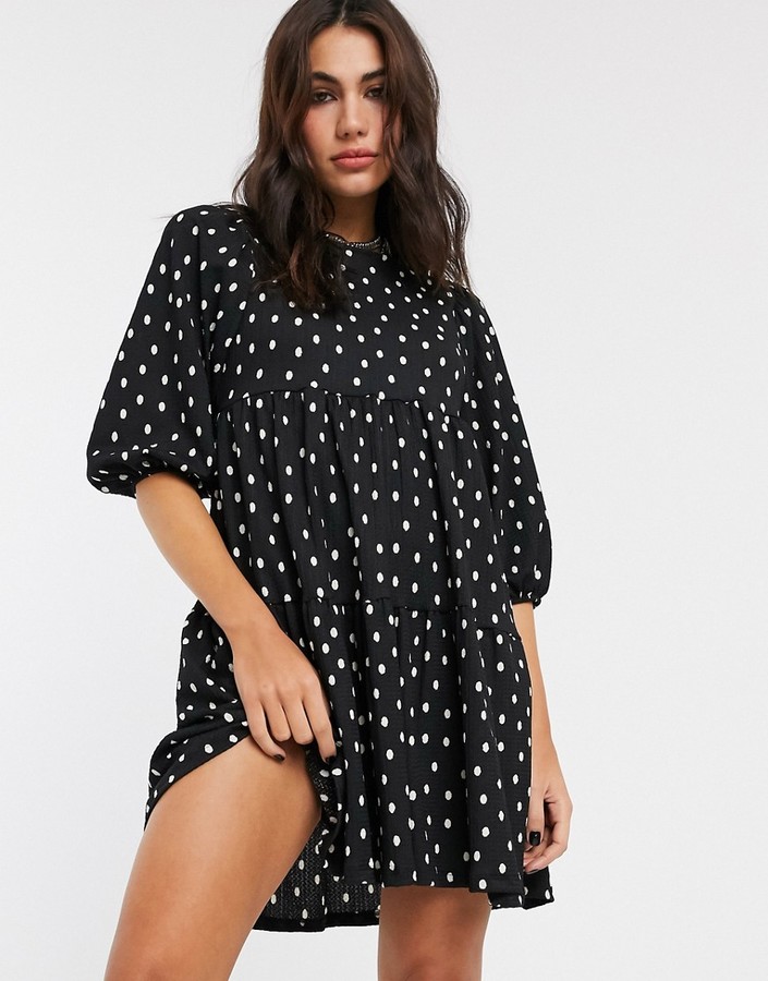 Bershka babydoll smock dress with dots in black - ShopStyle