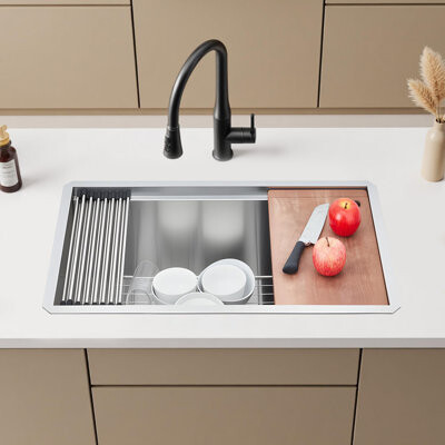 Qeetex 30 Inch Undermount Kitchen Sink Single Bowl Stainless Steel Kitchen Sink with Integrated Ledge Deep Under Counter Workstation Sink with Accessories fo