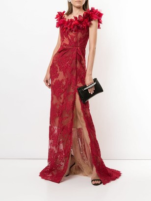 Marchesa Corded Lace Off the Shoulder Gown
